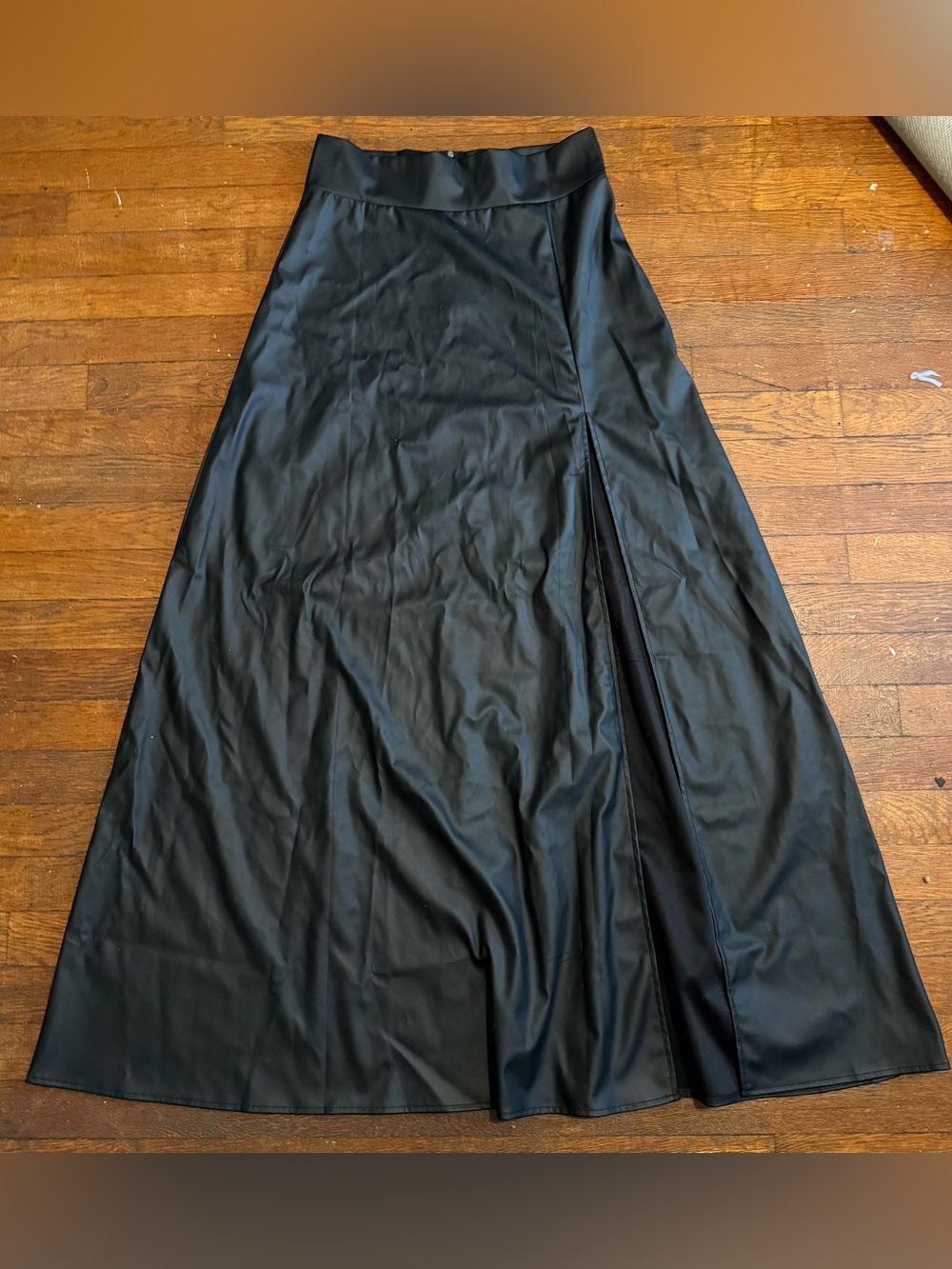 High Waisted Black Faux Leather Maxi Skirt with Side Slit